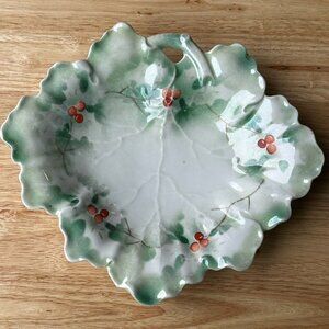 VTG Welmar Germany Trinket Dish Decor Plate Leaf Shape Red Berries‎ 10" L